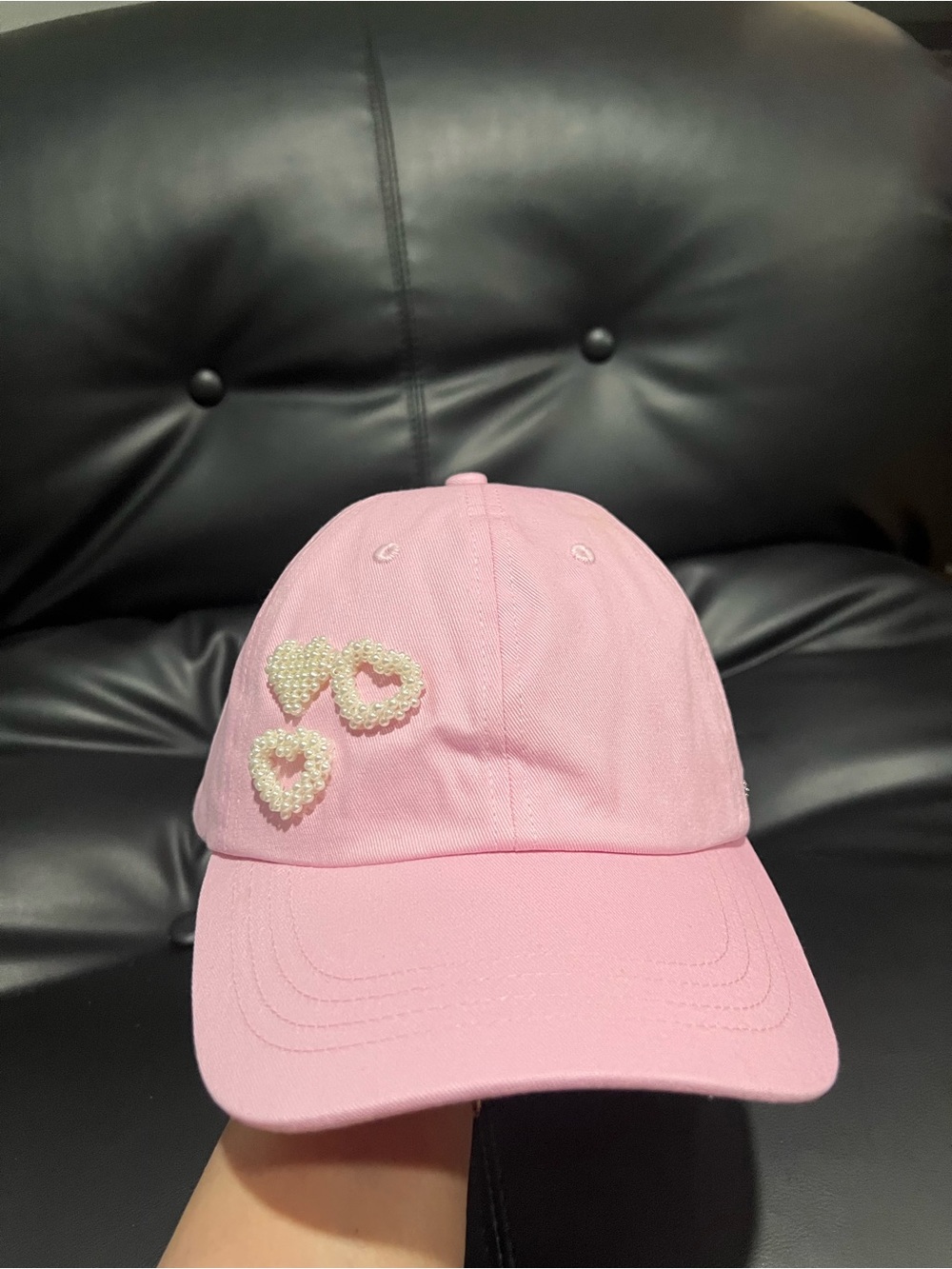Steve Madden Pink Baseball Cap with Pearl Heart Accents